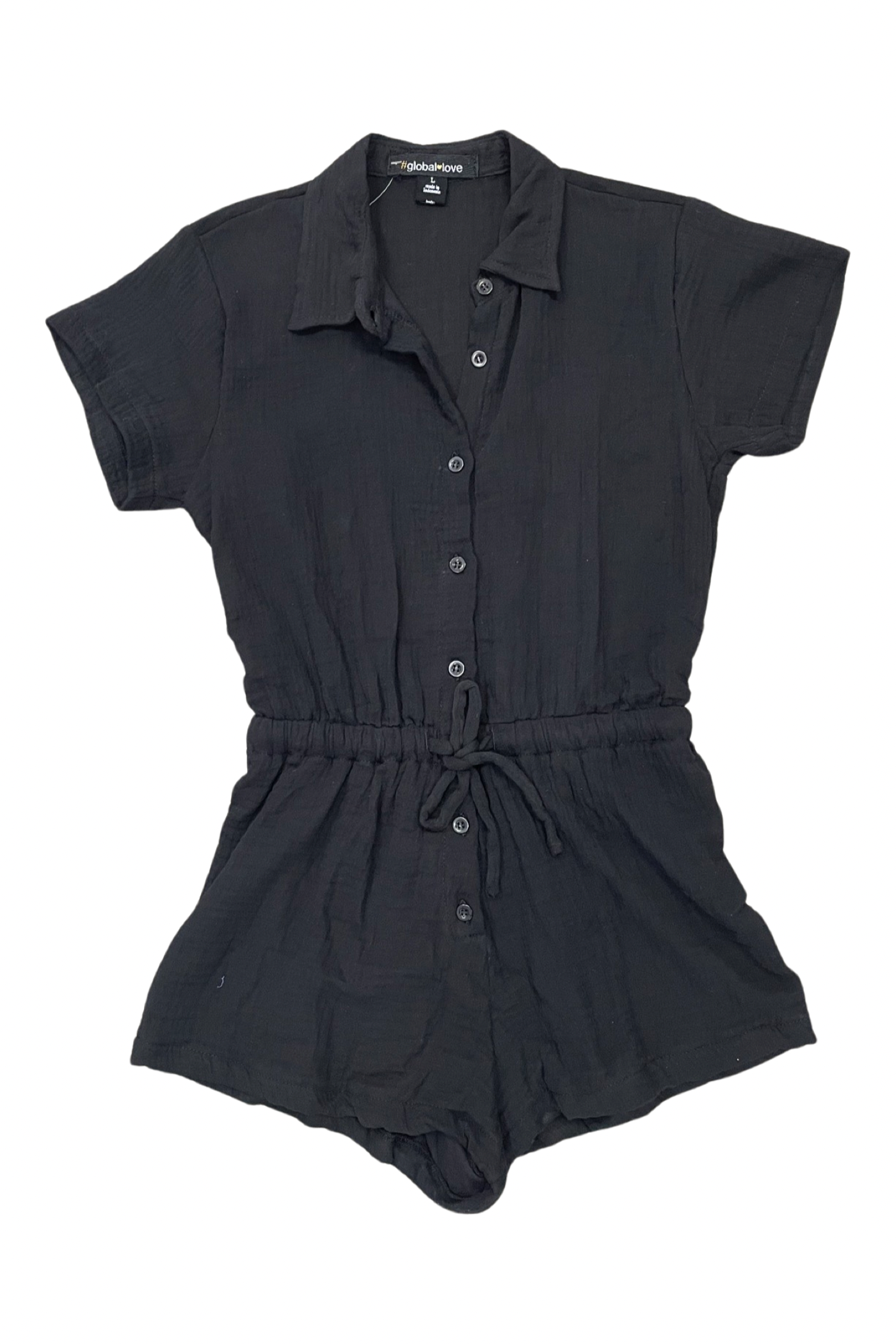 Black Gauze Button Up Short Sleeve Romper