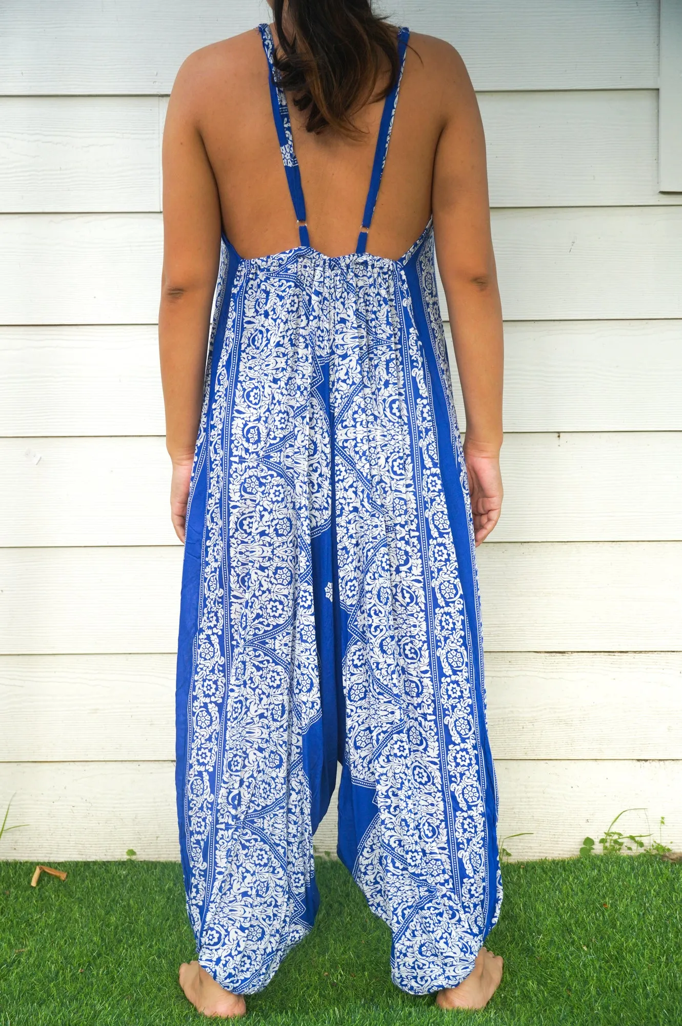 Blue Floral Hippie Jumpsuits, Boho Rompers, Festival Clothing