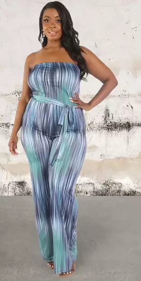 Blue Printed Tube Jumpsuit With Self Belt