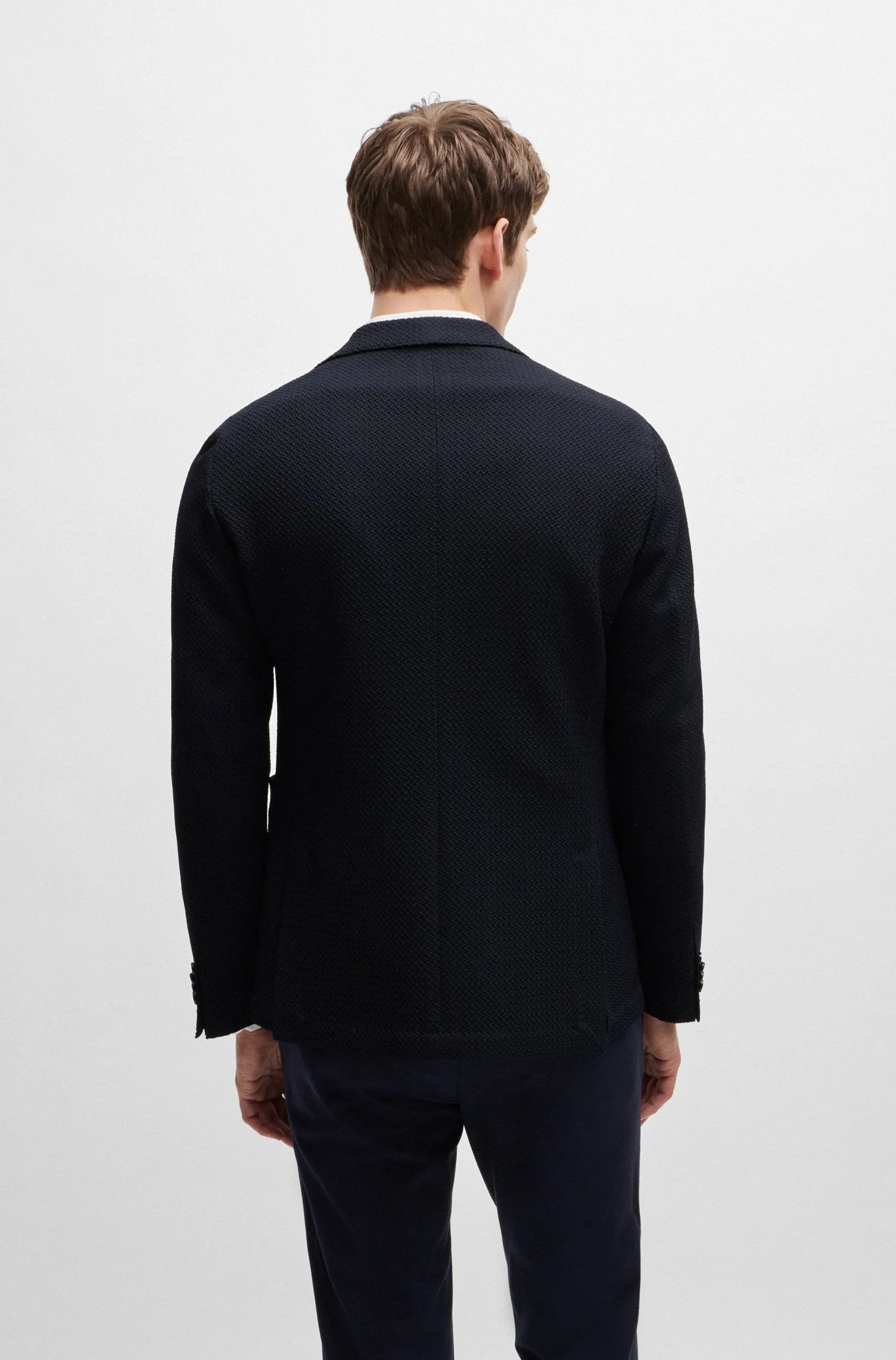 BOSS Slim-Fit Jacket in Wool-Blend Seersucker Fabric