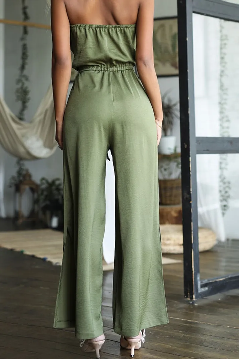 Casual Solid Split Joint Strapless Straight Jumpsuits