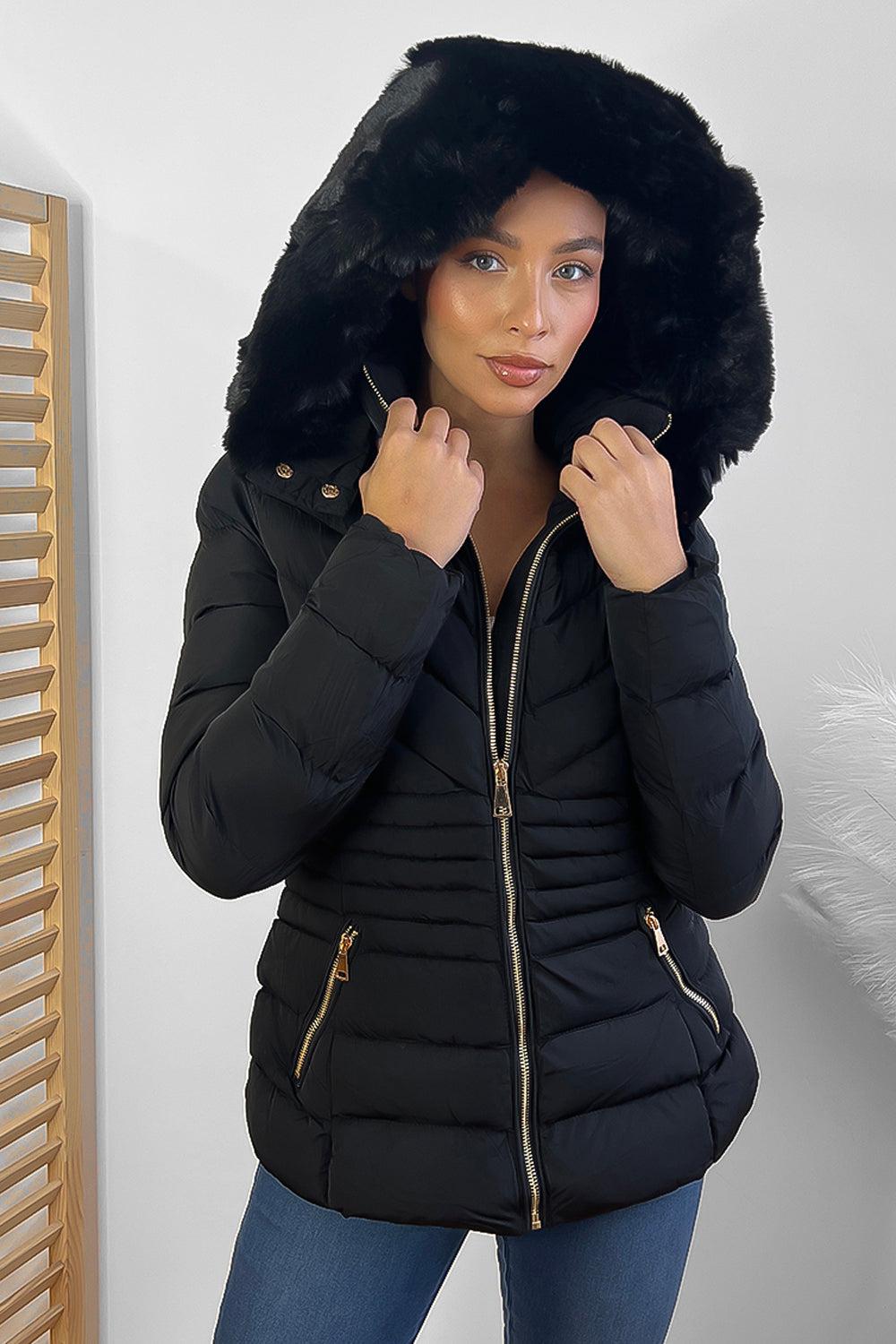 Chevron Quilt Faux Fur Hood Puffer Jacket