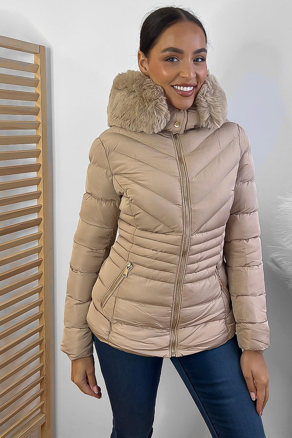 Chevron Quilt Faux Fur Hood Puffer Jacket