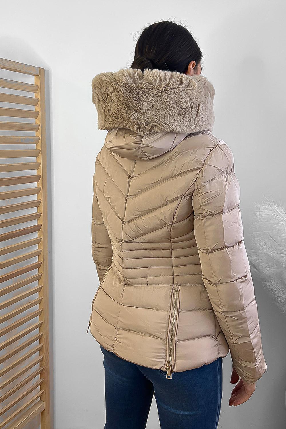 Chevron Quilt Faux Fur Hood Puffer Jacket