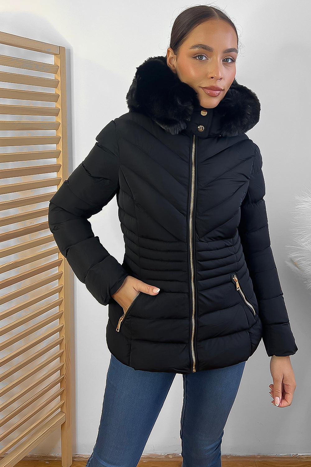 Chevron Quilt Faux Fur Hood Puffer Jacket