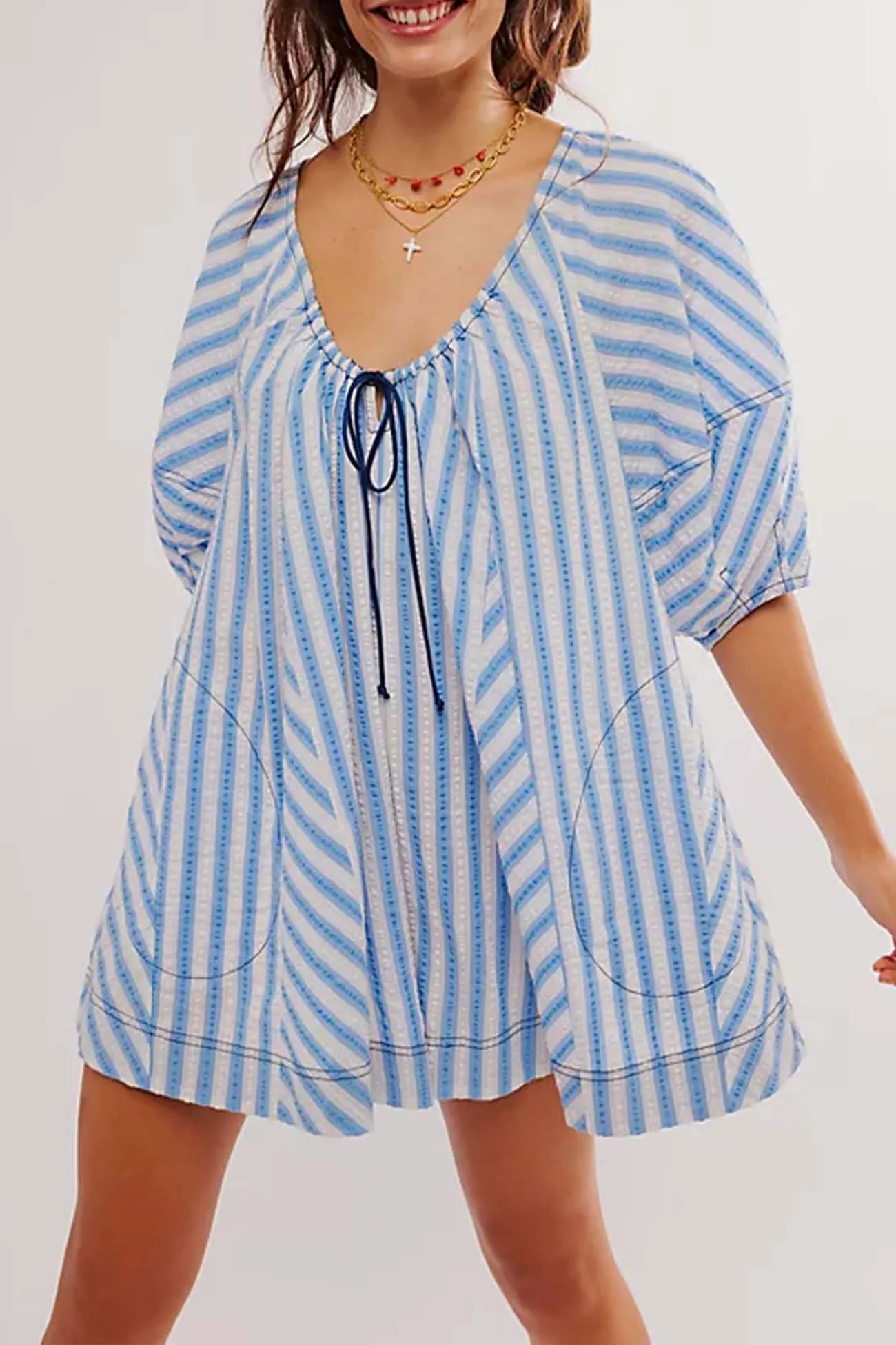 Contrast Stripe Drawstring Rompers