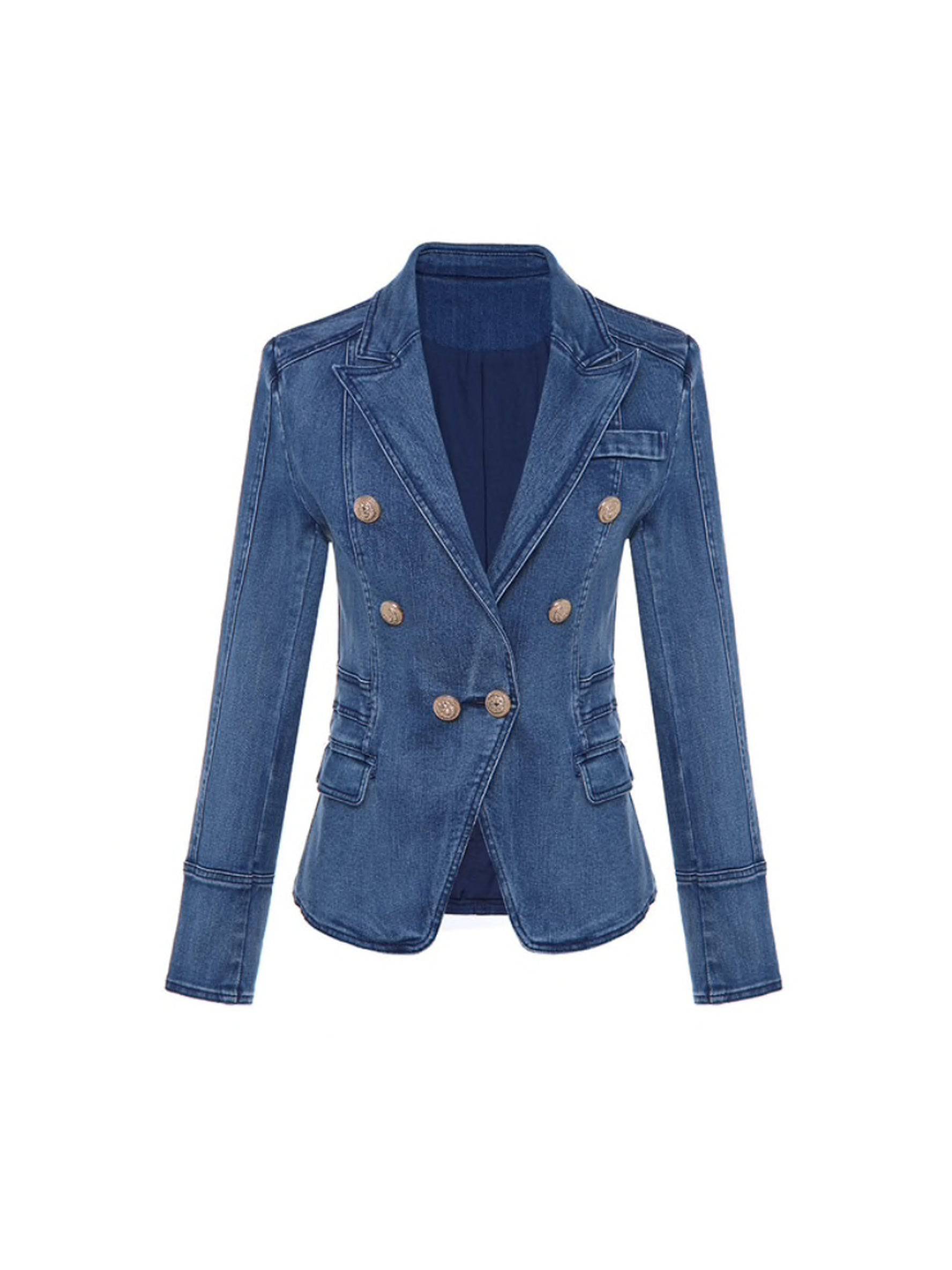 Double Breasted Denim Blazer With Gold Buttons