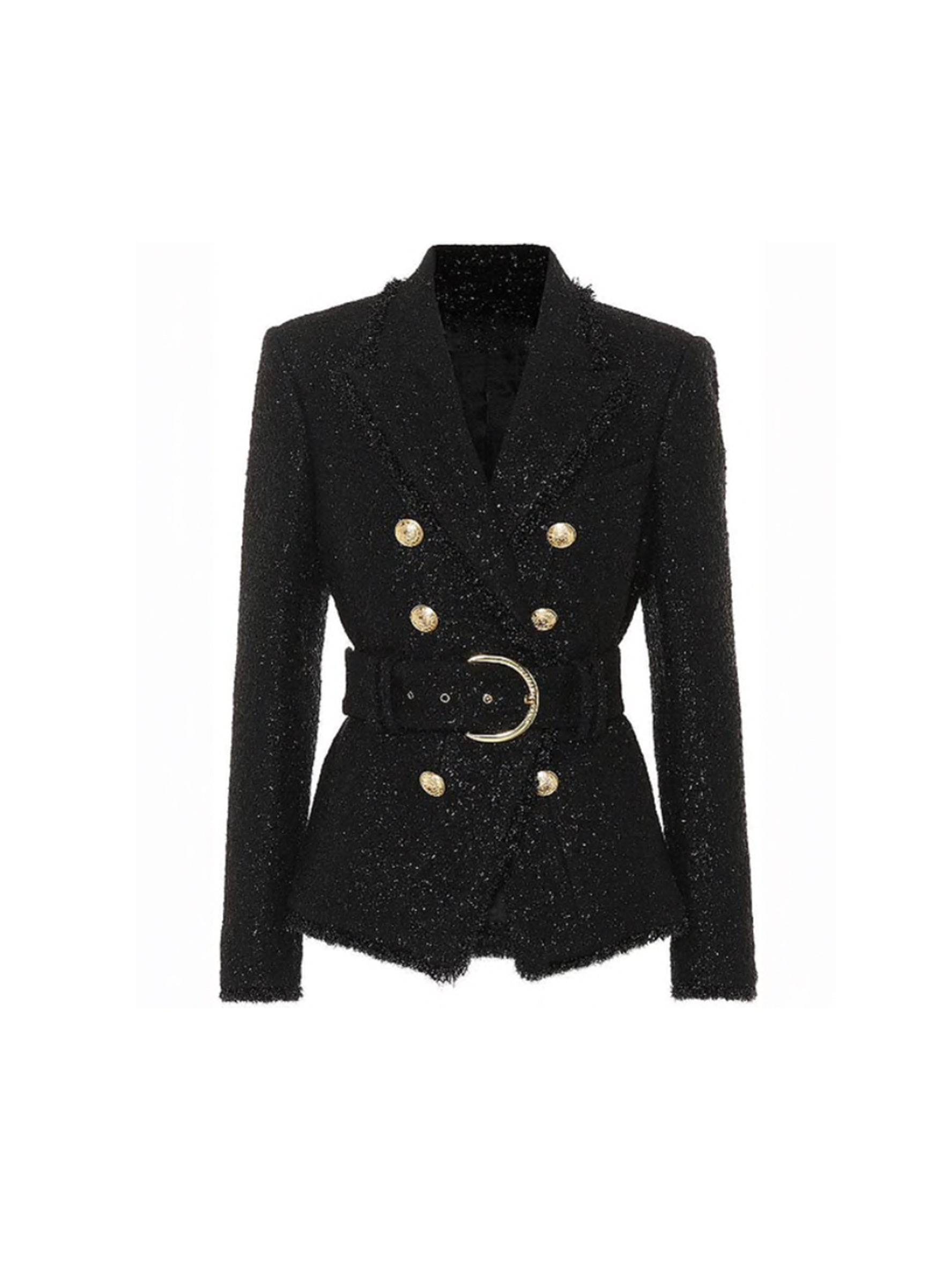 Double Breasted Glittery Belted Blazer With Gold Buttons