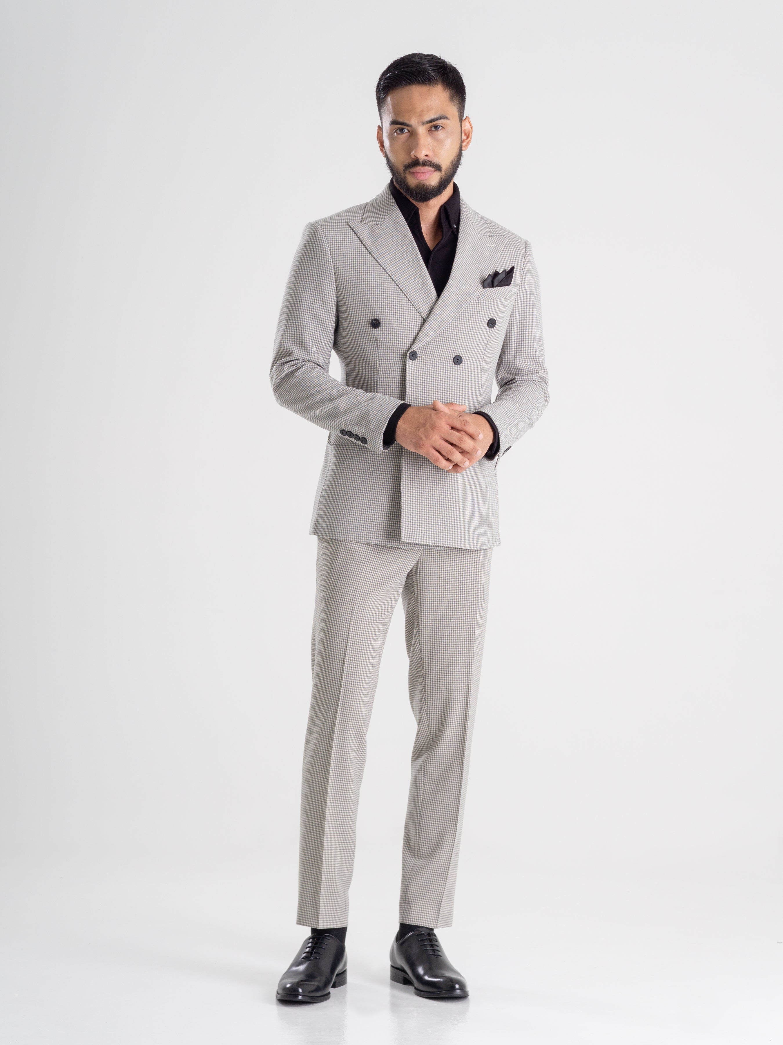 Double Breasted Suit Blazer - Ash Grey Plaid (Peak Lapel)