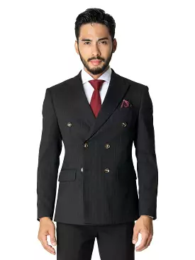 Double Breasted Suit Blazer - Black Pinstripes (Peak Lapel)