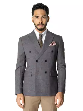 Double Breasted Suit Blazer - Dark Grey Checkered (Peak Lapel)