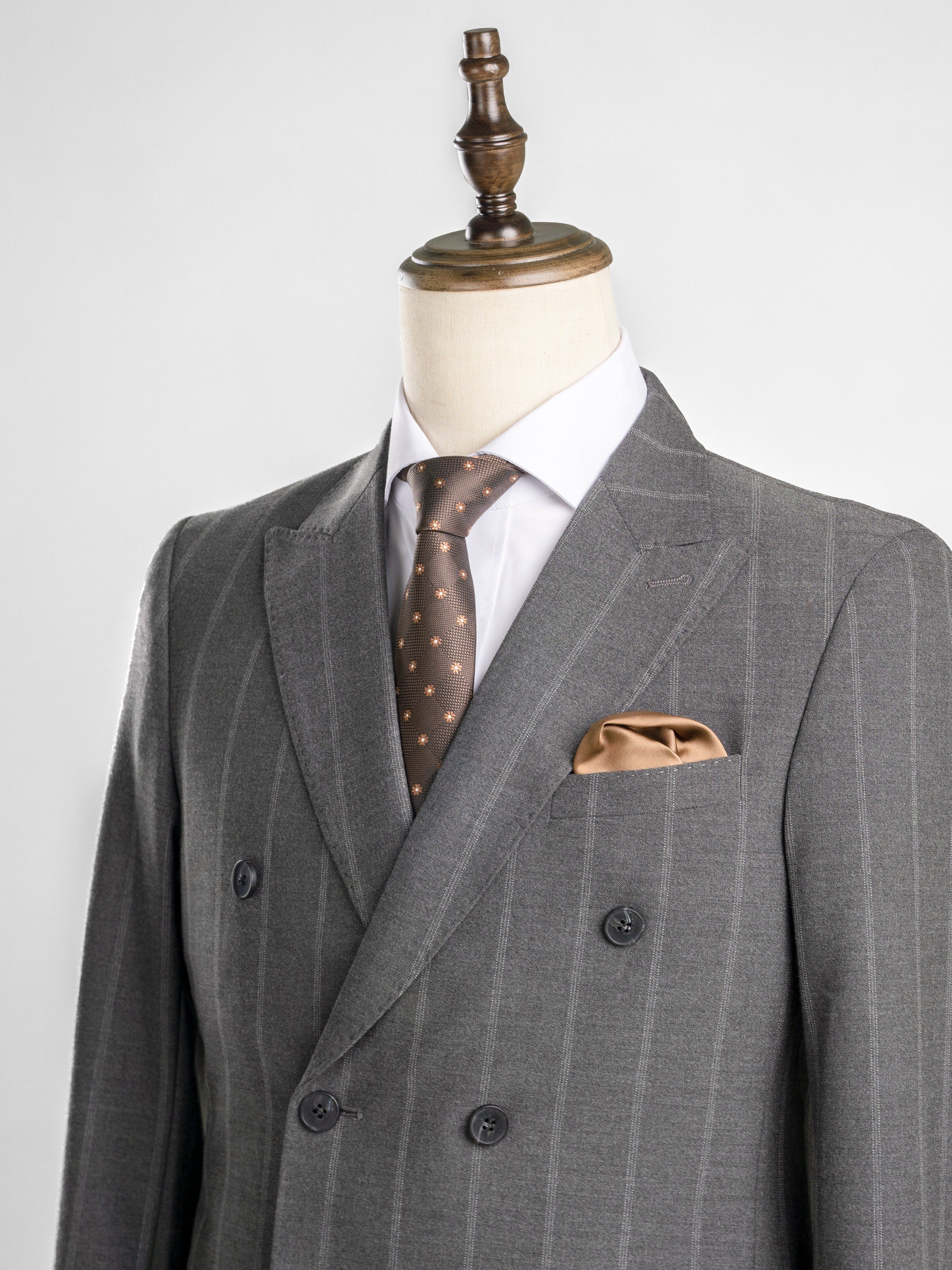 Double Breasted Suit Blazer - Dark Grey Wide Stripes (Peak Lapel)