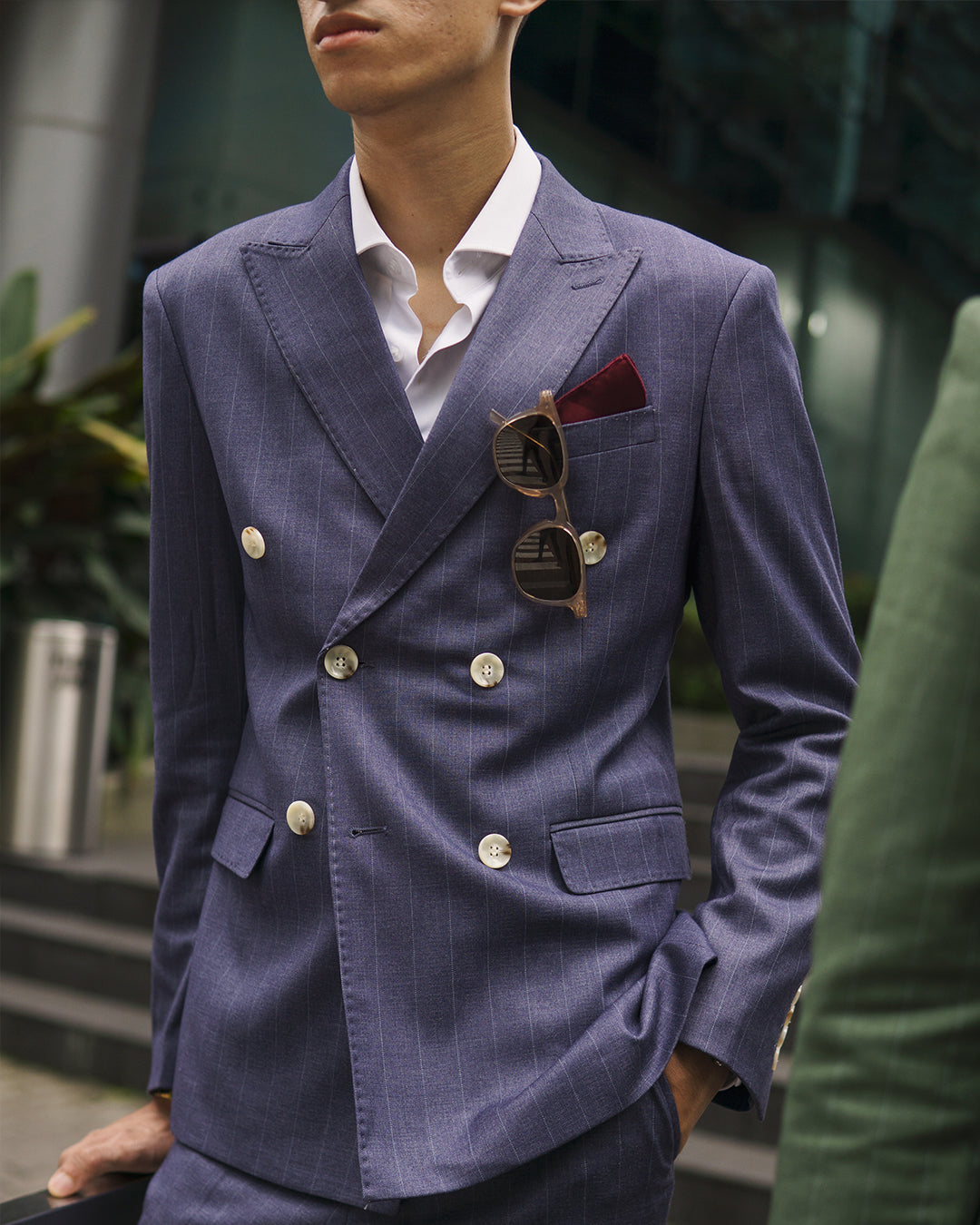 Double Breasted Suit Blazer - Iris Blue Stripes (Peak Lapel)