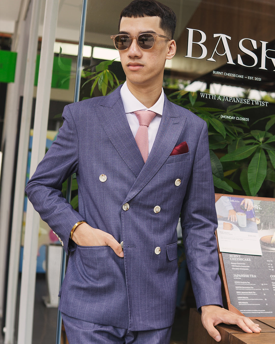 Double Breasted Suit Blazer - Iris Blue Stripes (Peak Lapel)