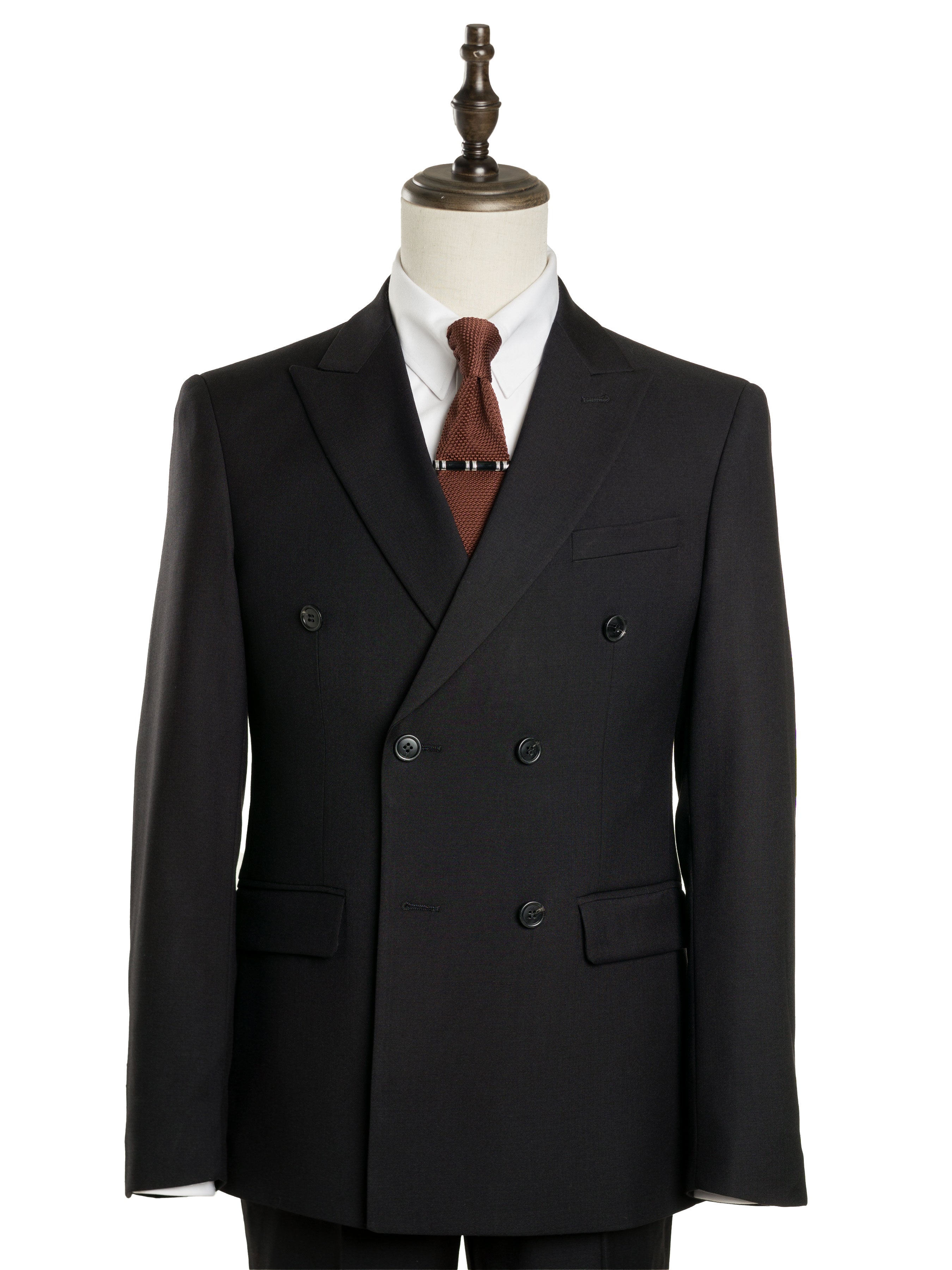 Double Breasted Suit Blazer - Jet Black Plain (Peak Lapel)