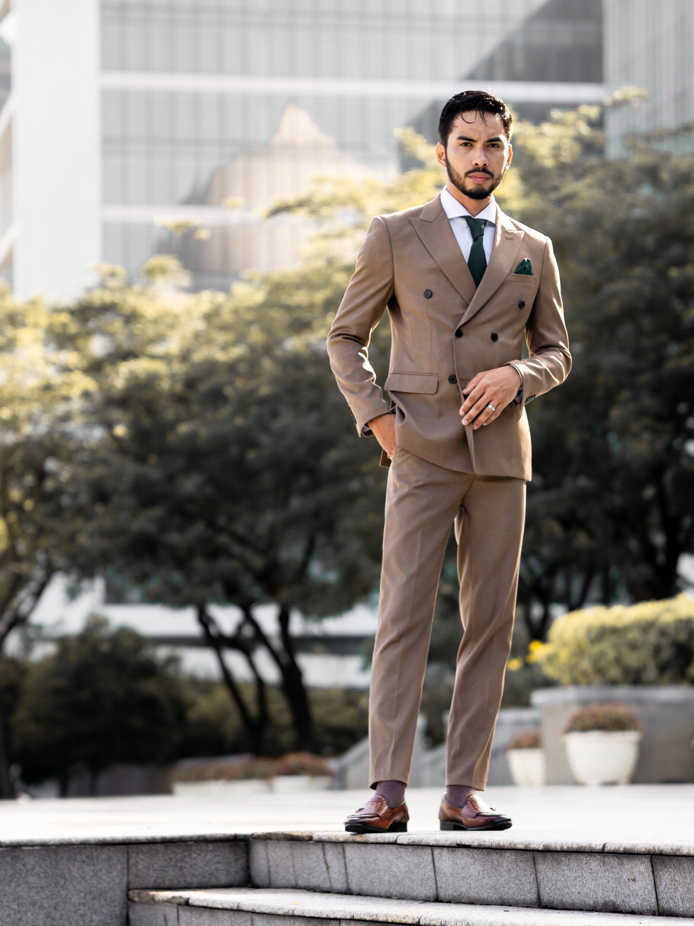 Double Breasted Suit Blazer - Khakis Plain (Peak Lapel)