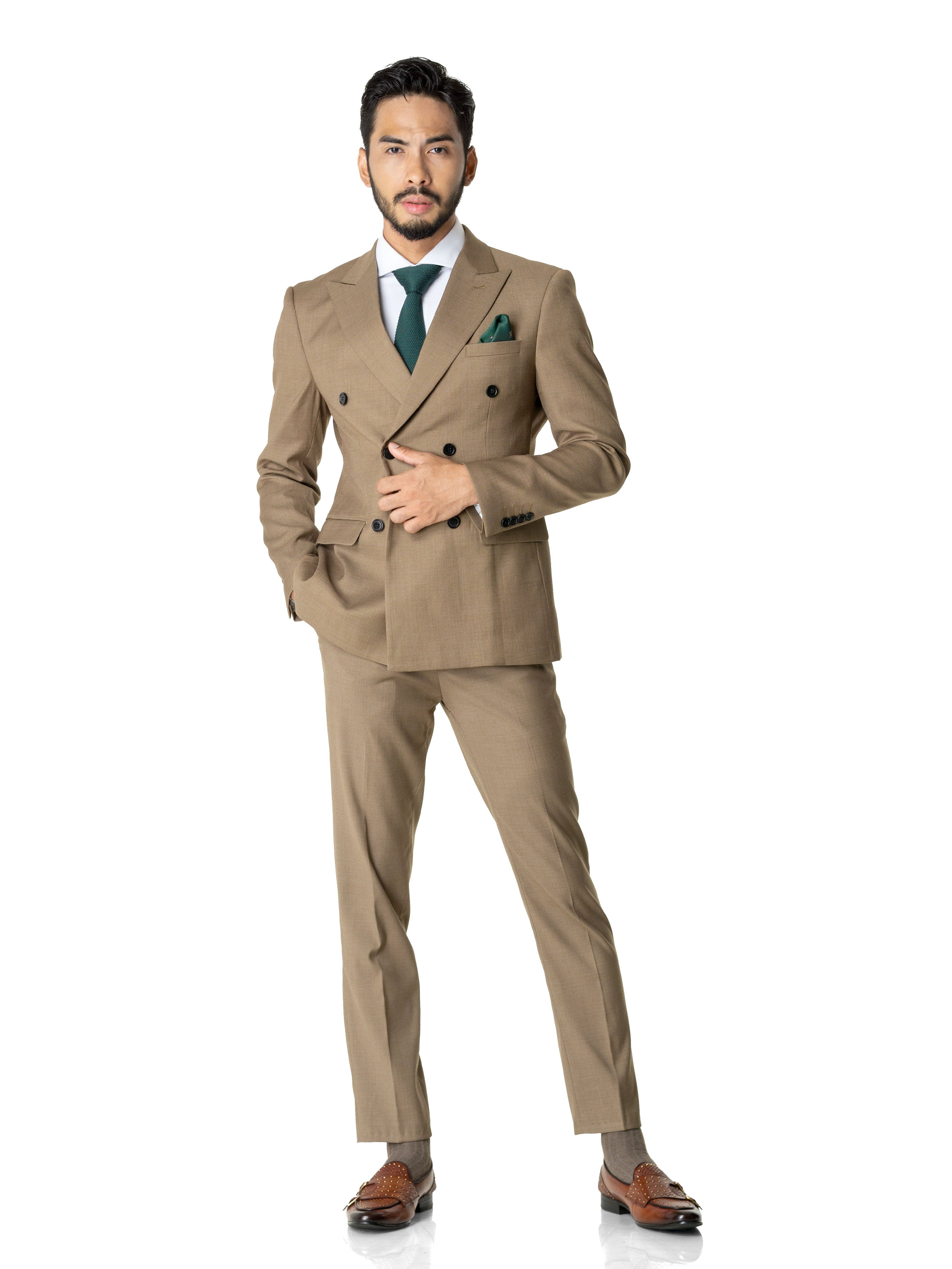 Double Breasted Suit Blazer - Khakis Plain (Peak Lapel)