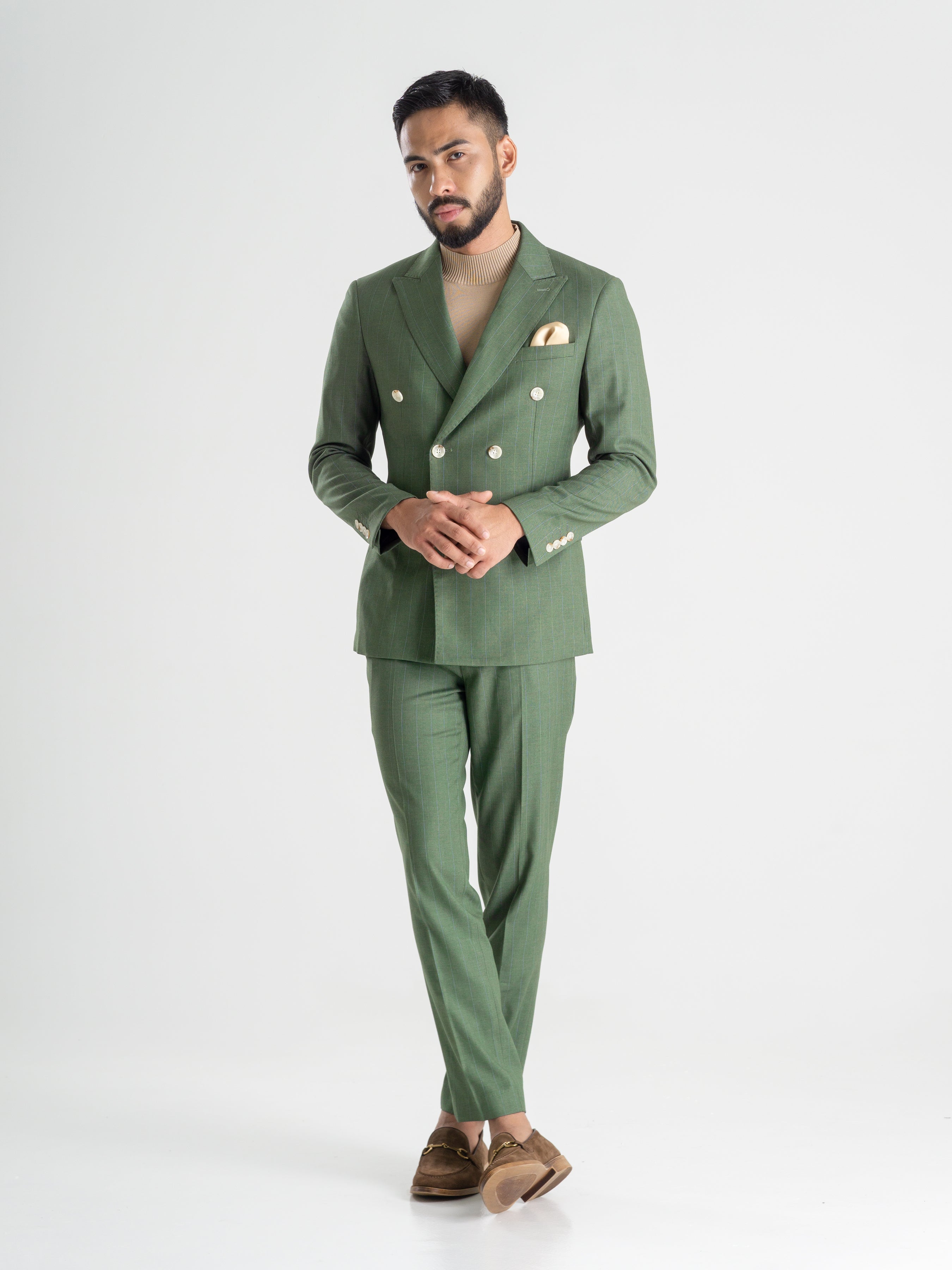 Double Breasted Suit Blazer - Moss Green Stripes (Peak Lapel)