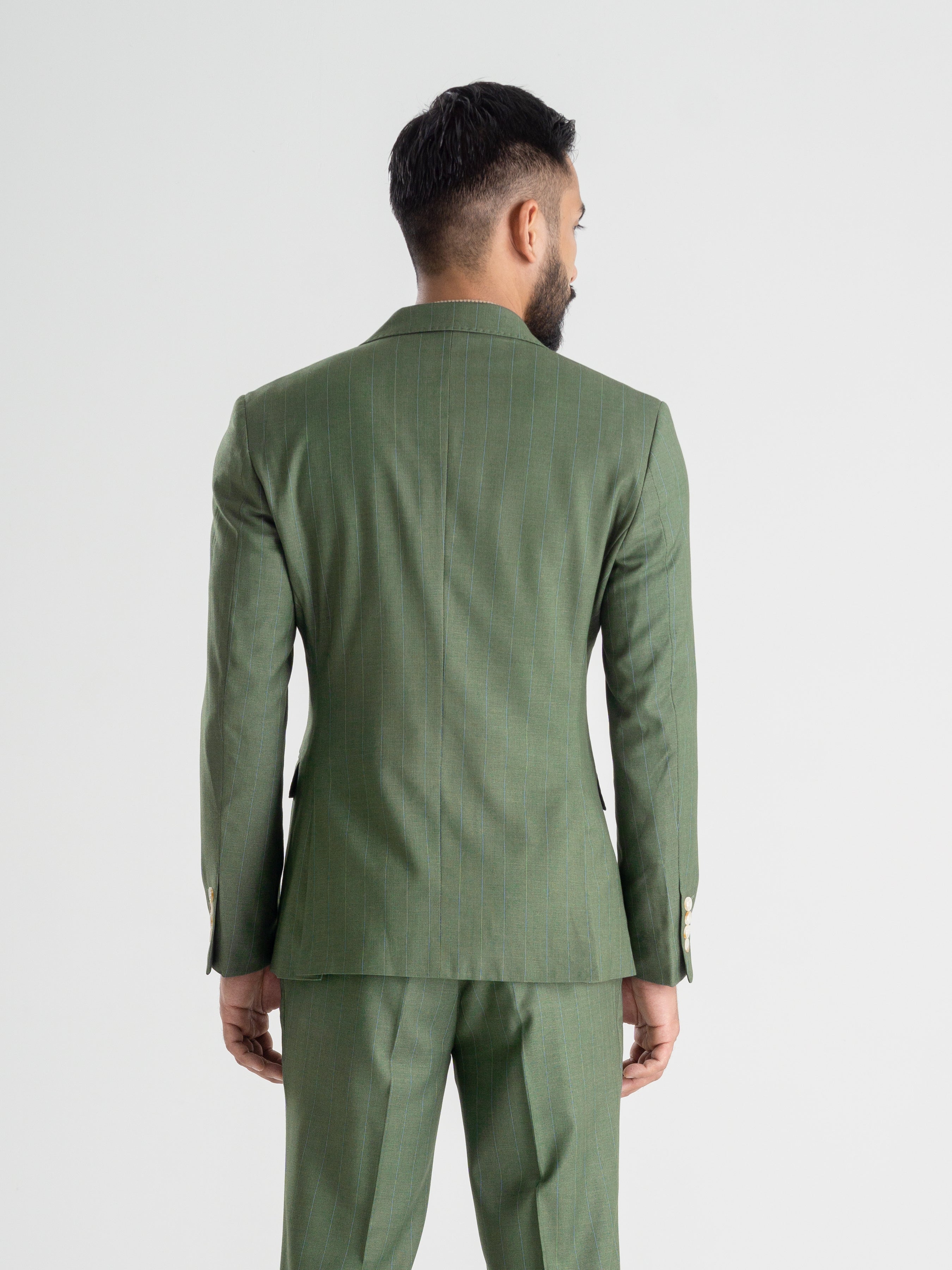 Double Breasted Suit Blazer - Moss Green Stripes (Peak Lapel)