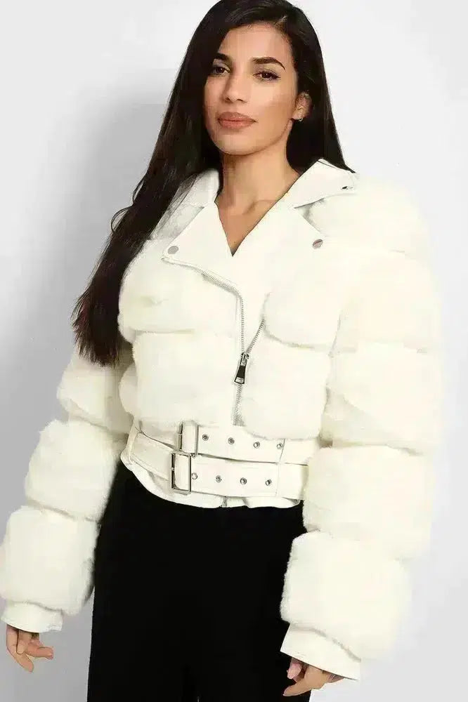 Faux Fur And Vegan Leather Double Belt Biker Jacket