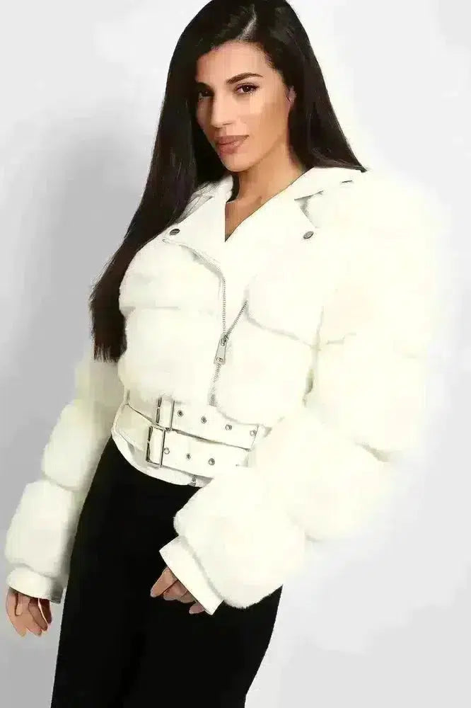 Faux Fur And Vegan Leather Double Belt Biker Jacket