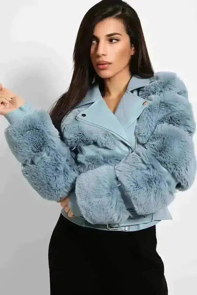 Faux Fur And Vegan Leather Double Belt Biker Jacket