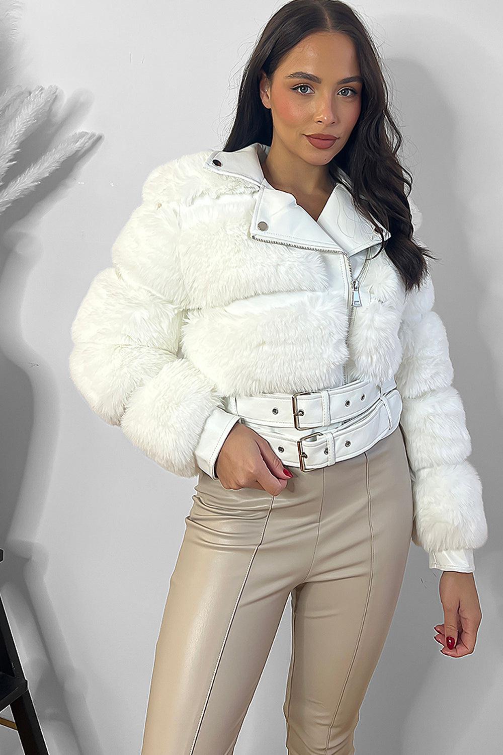 Faux Fur And Vegan Leather Double Belt Biker Jacket