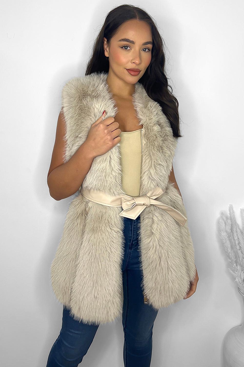 Faux Fur Gilet Belted Style Sleeveless Jacket