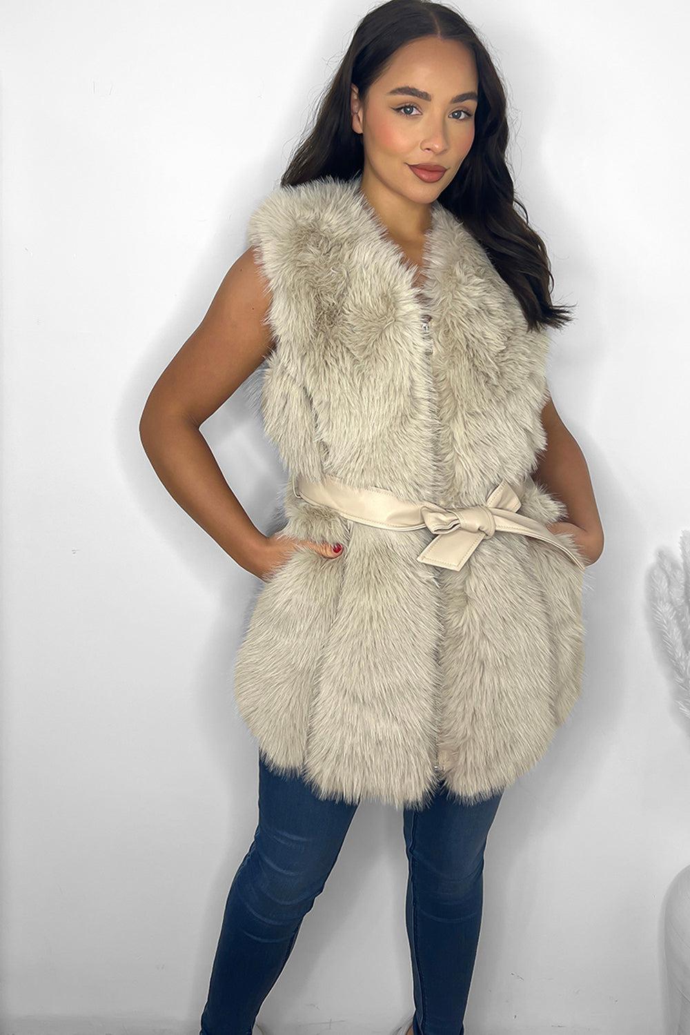 Faux Fur Gilet Belted Style Sleeveless Jacket