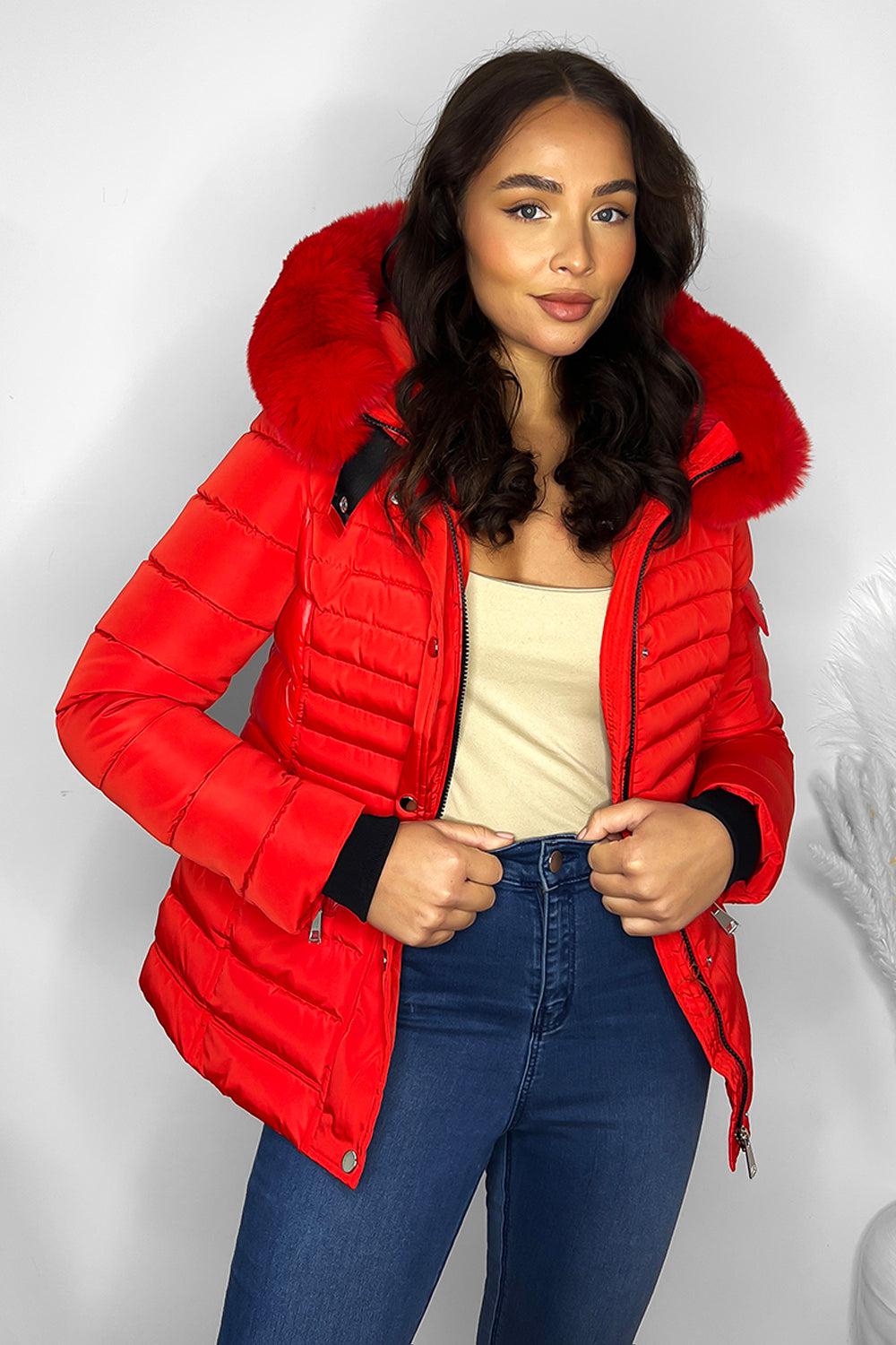 Faux Fur Trimmed Hoodie Belted And Quilted Winter Jacket