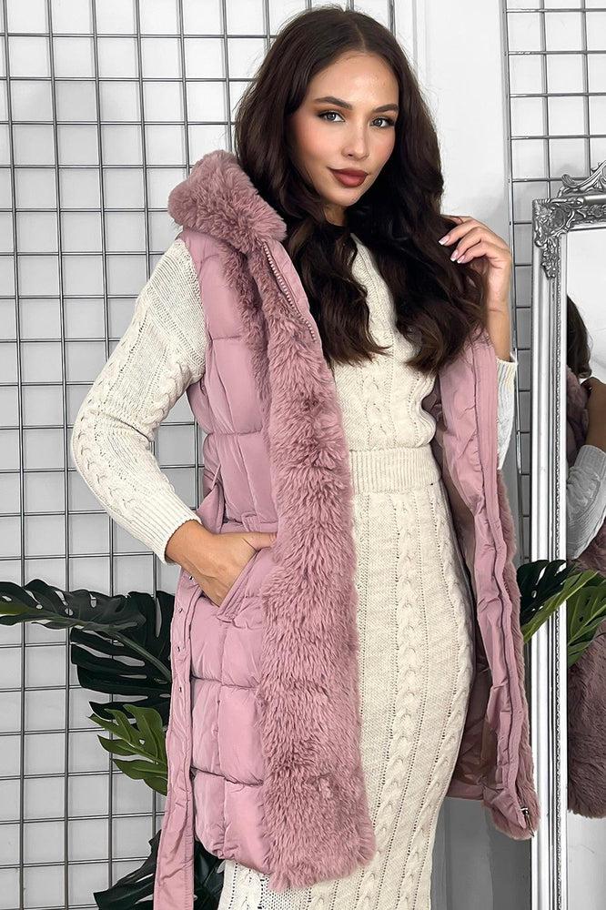 Faux Fur Trimmed Sleeveless Belted Jacket