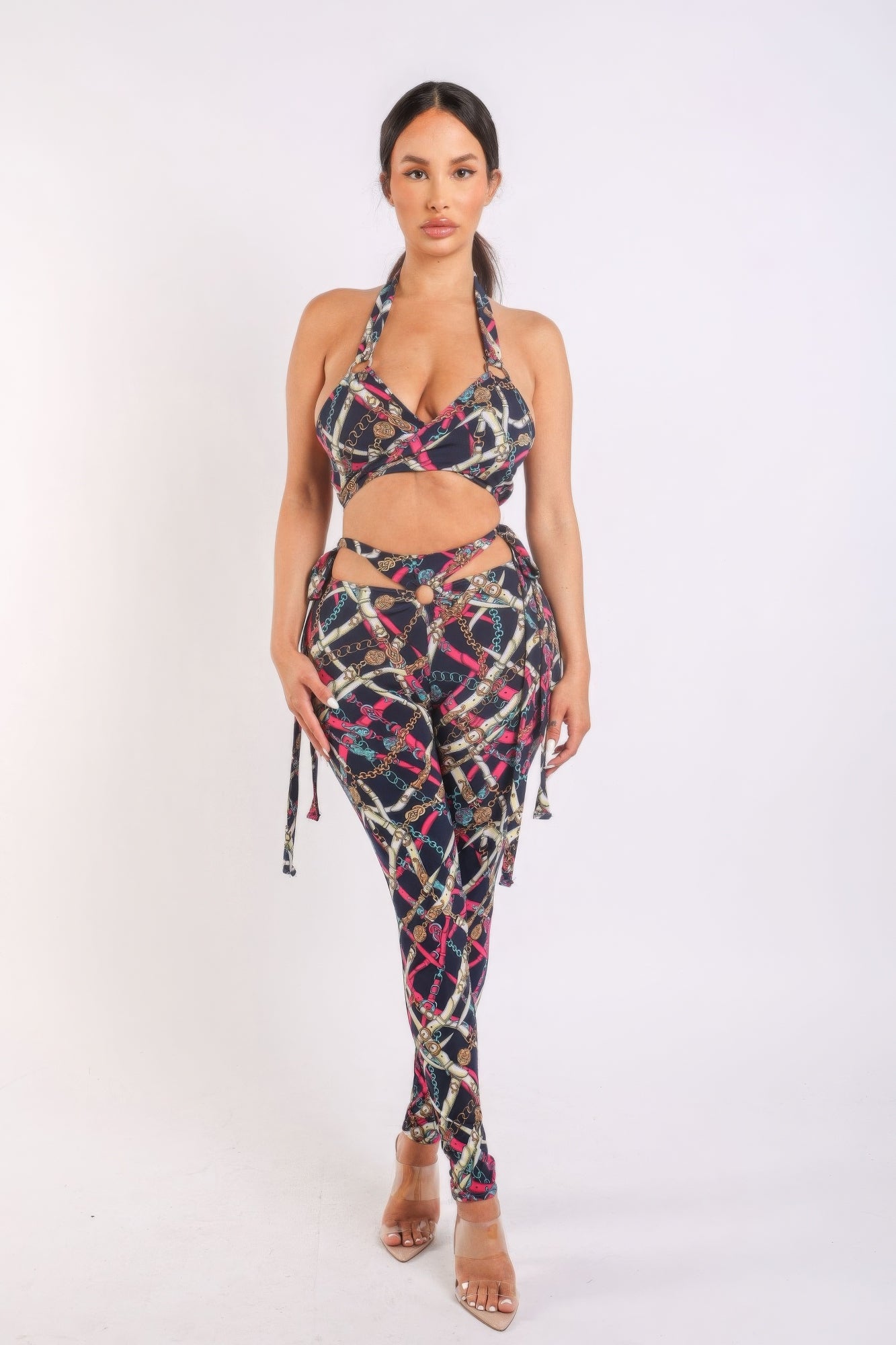 Halter Back Eye Catching Printed Tie Detailed Jumpsuit