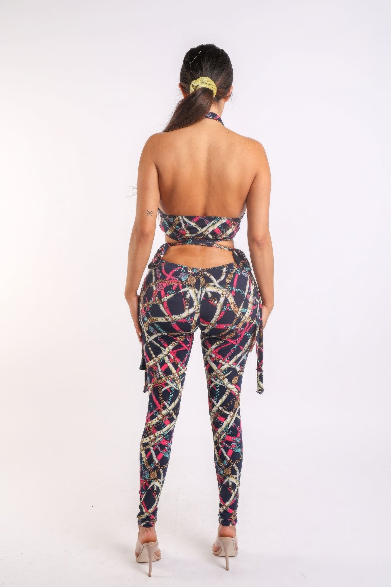 Halter Back Eye Catching Printed Tie Detailed Jumpsuit