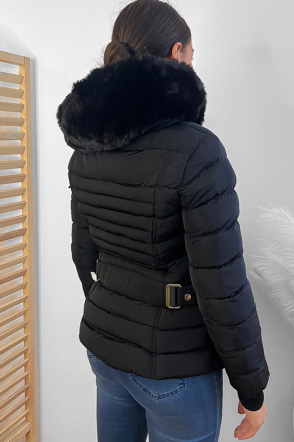 Horizontal Zip Pockets Faux Fur Hooded Jacket