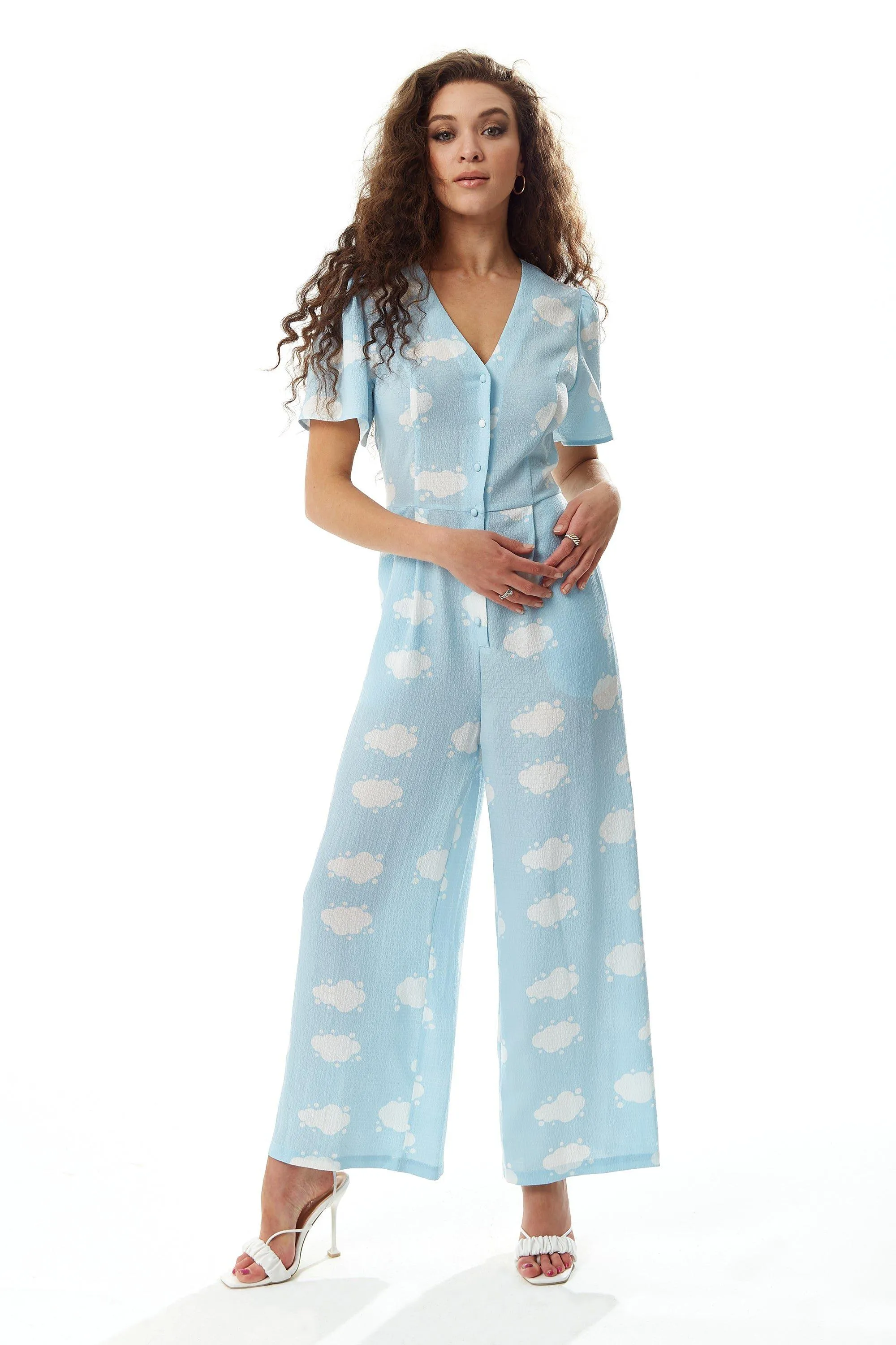 Jumpsuits | Cloud Print Jumpsuit in Blue | Liquorish