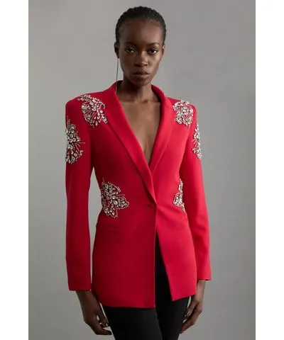 Karen Millen Crystal Embellished Tailored Single Breasted Longline Blazer