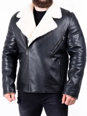 Men’s White Faux Fur Black Leather Jacket