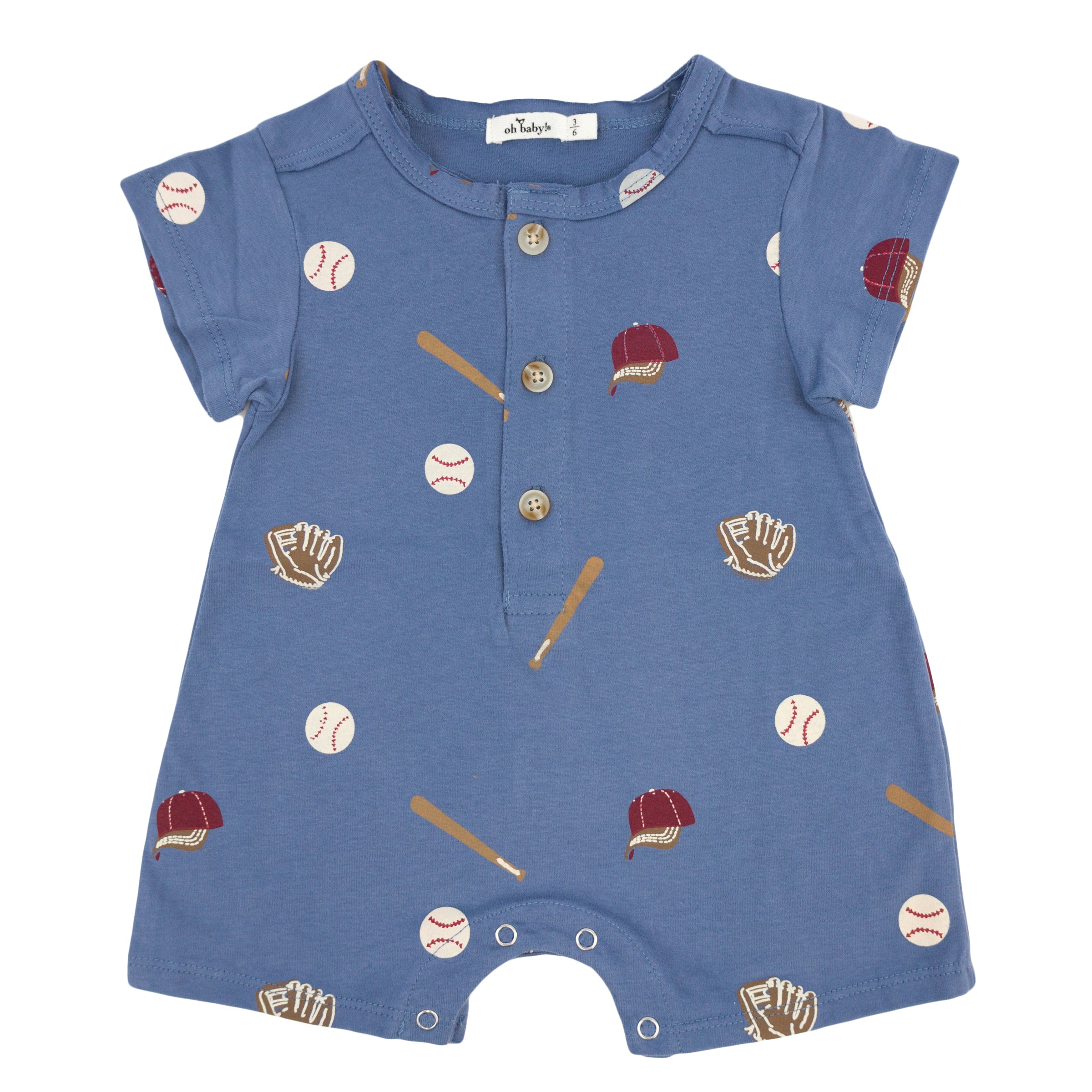 oh baby! Short Sleeve Button Neck Romper - Baseball Print - Denim