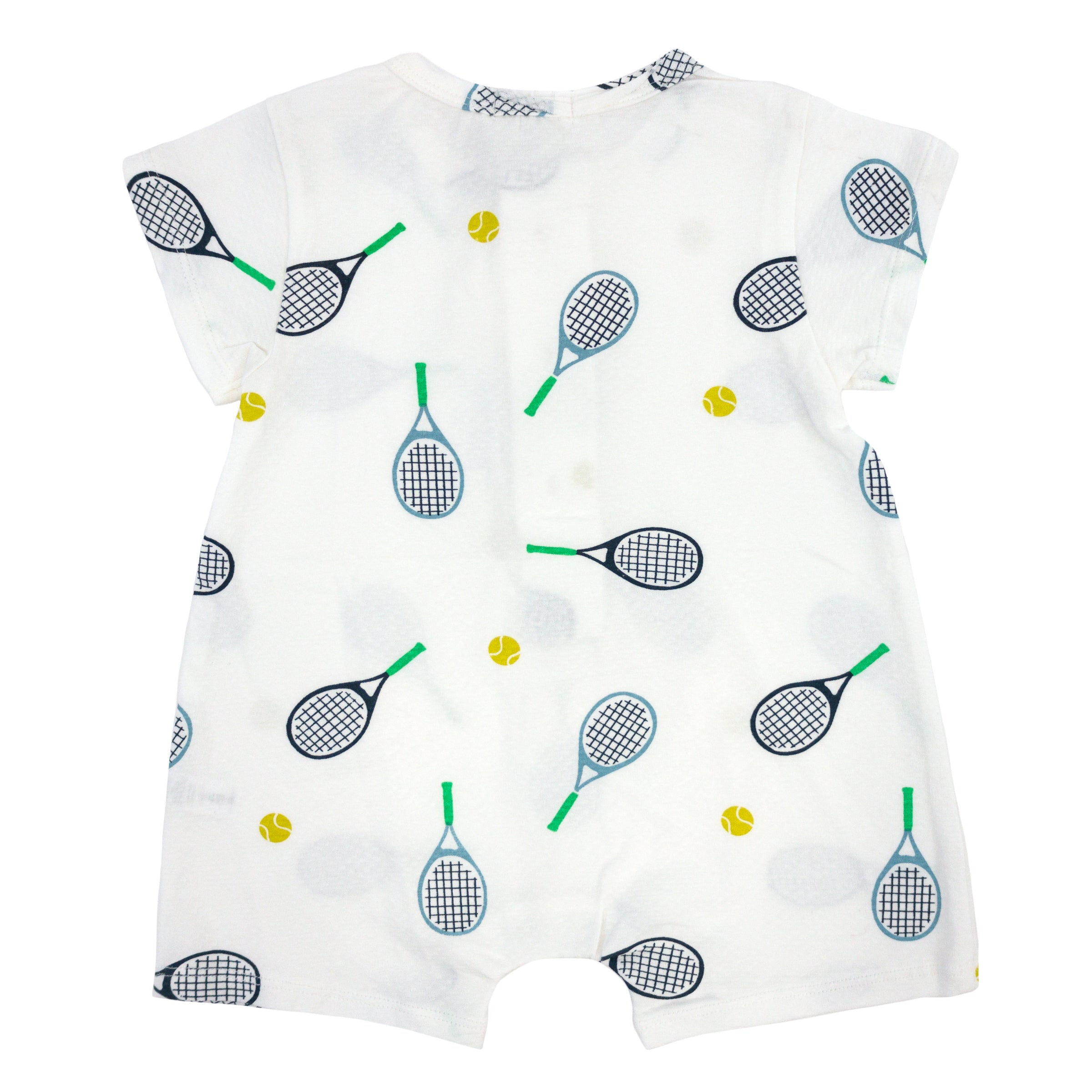 oh baby! Short Sleeve Button Neck Romper - Tennis Print - Oyster