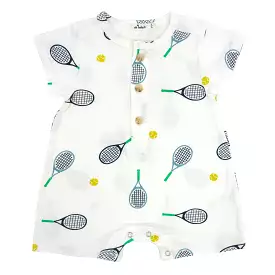 oh baby! Short Sleeve Button Neck Romper - Tennis Print - Oyster