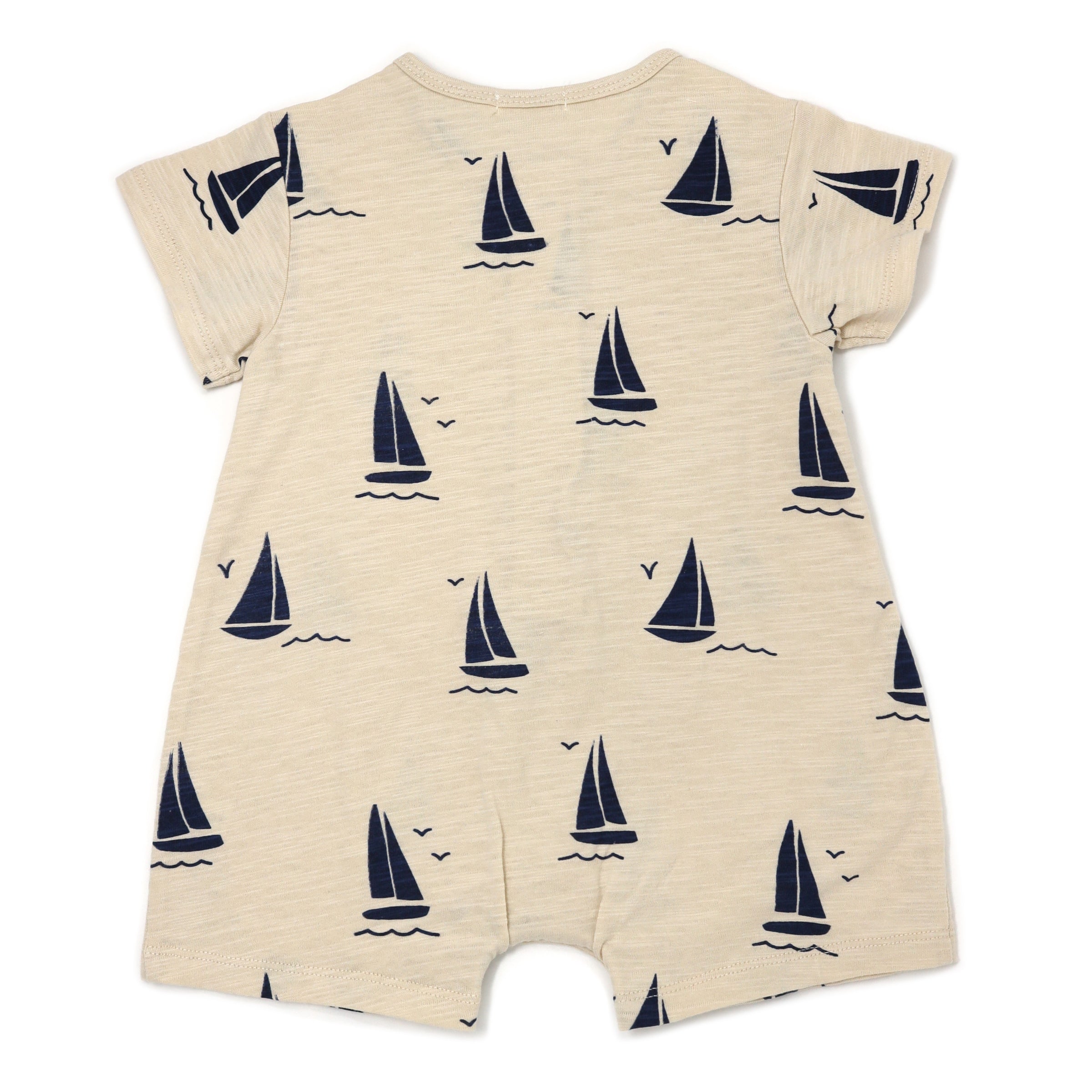 oh baby! Short Sleeve Button Neck Slub Romper -  Navy Sailboat Print - Oat