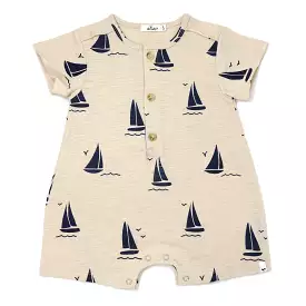 oh baby! Short Sleeve Button Neck Slub Romper -  Navy Sailboat Print - Oat