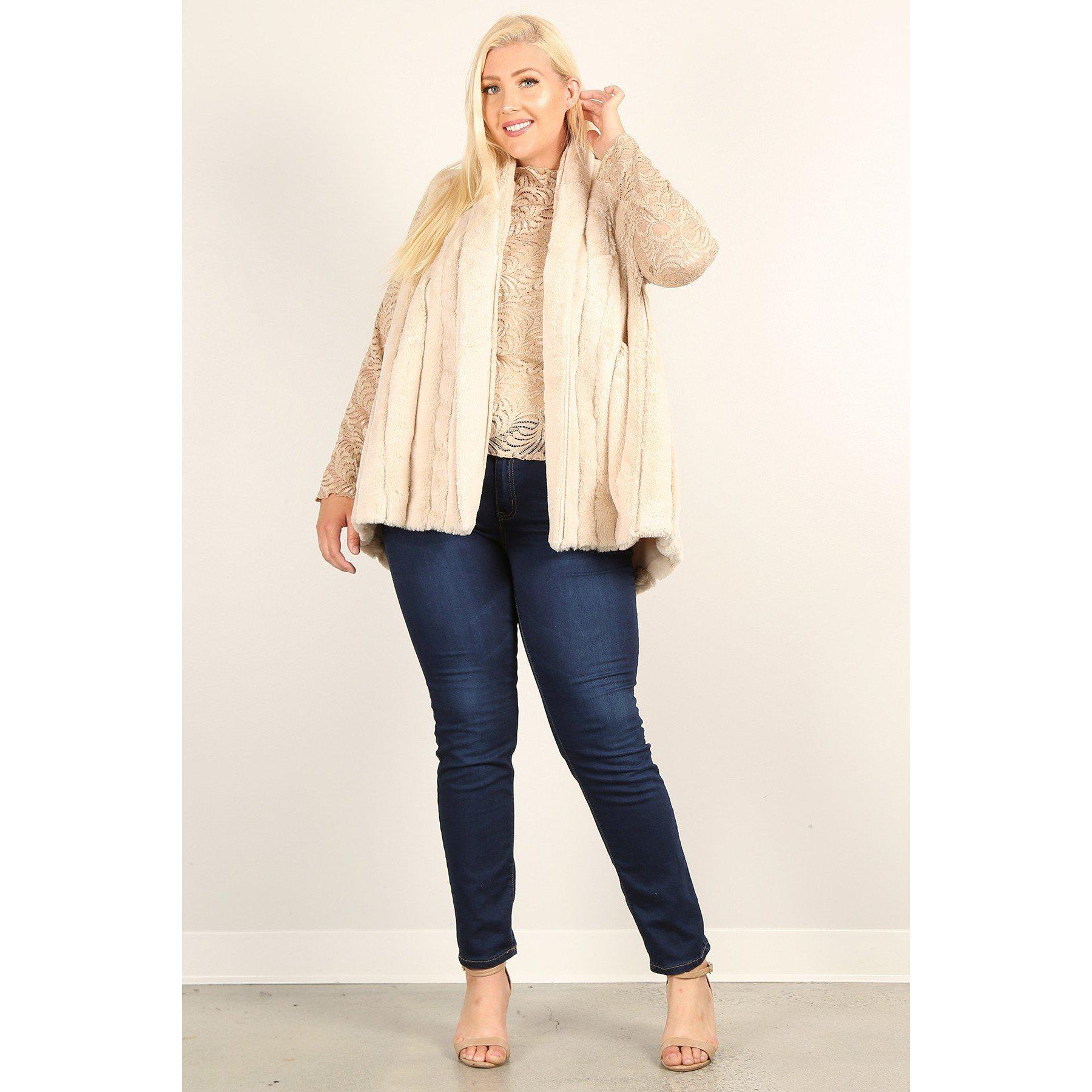 Plus Size Faux Fur Vest Jacket With Open Front, Hi-lo Hem, And Pockets