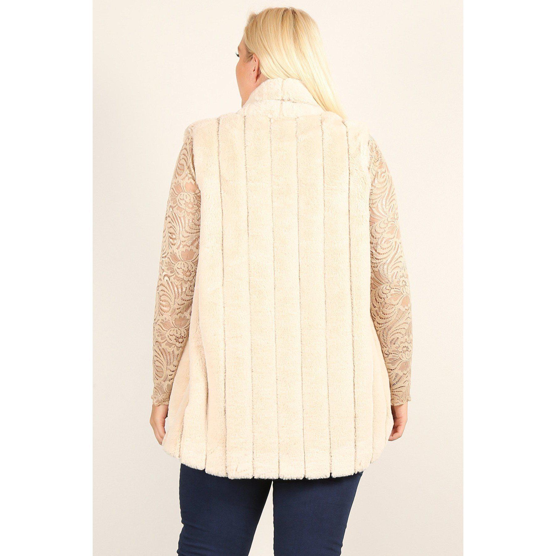 Plus Size Faux Fur Vest Jacket With Open Front, Hi-lo Hem, And Pockets