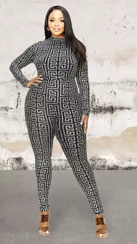 Plus size geo pattern glitter printed jumpsuit