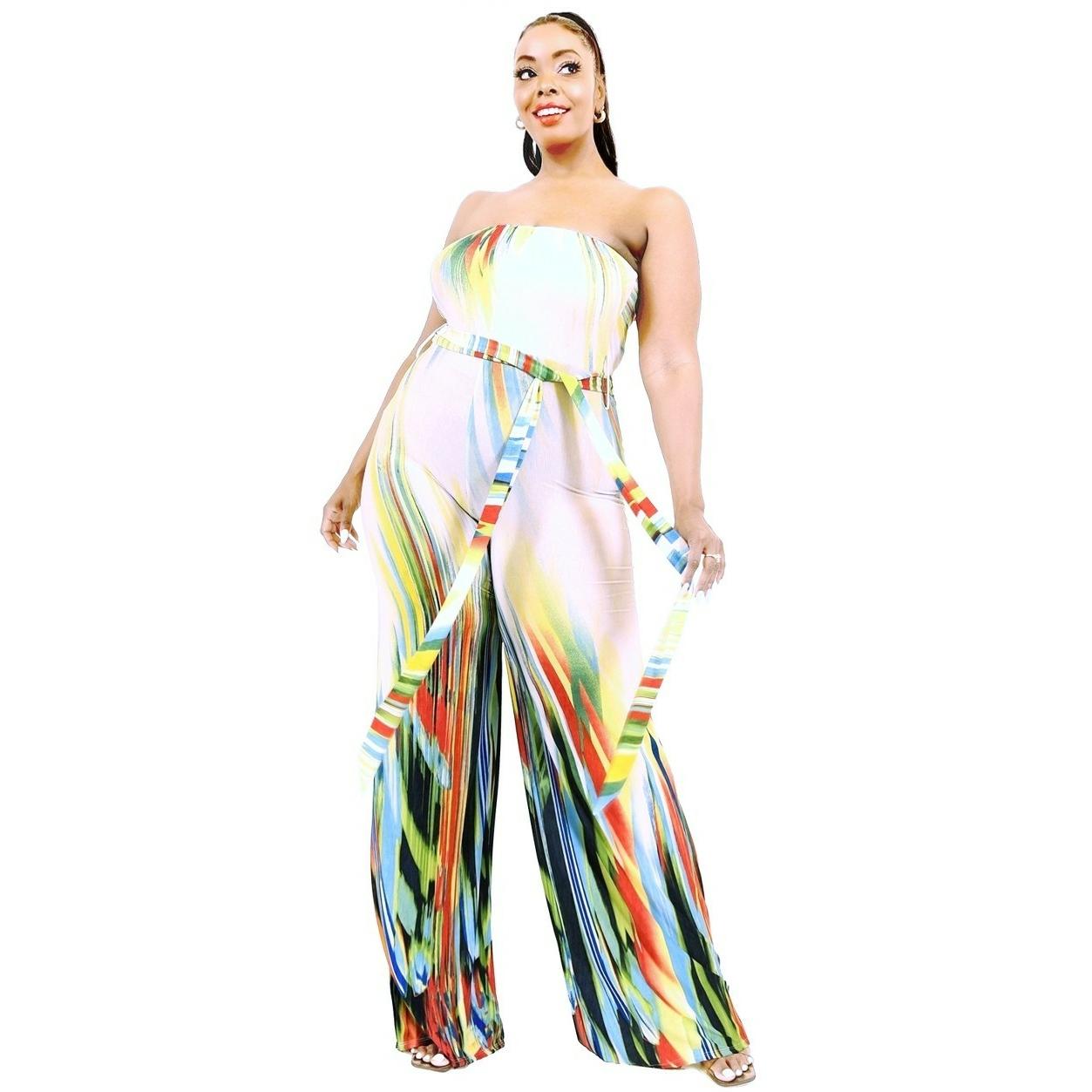 Plus size off shoulder color brushed tie waist jumpsuit