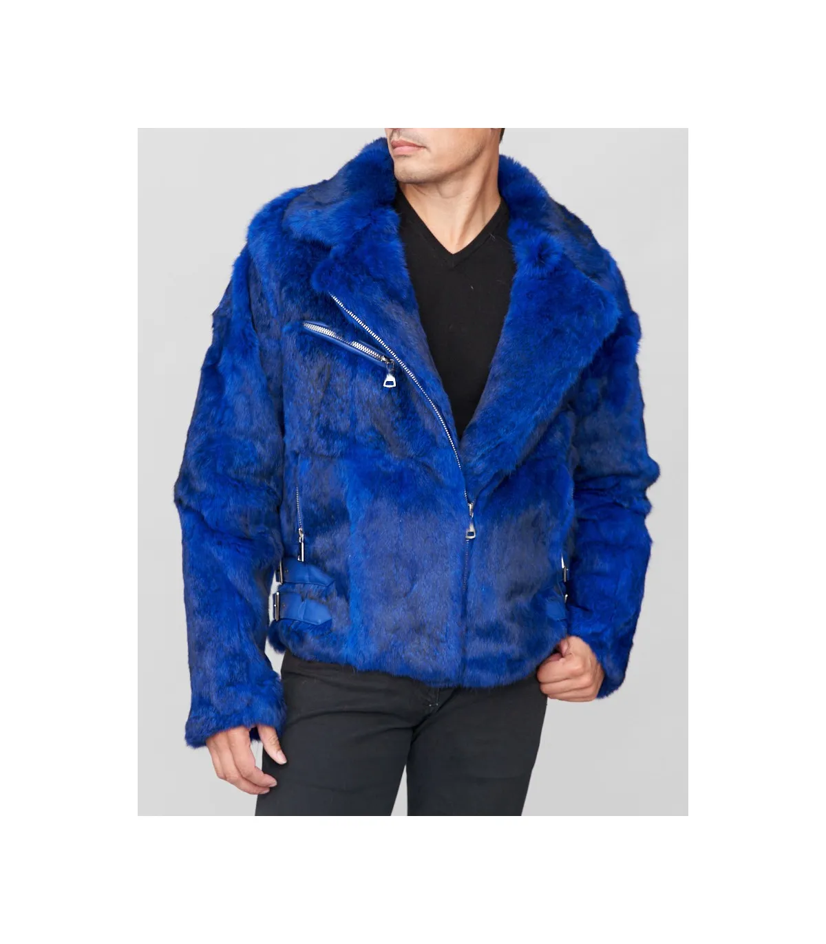 Rabbit Fur Biker Jacket in Blue: FurSource