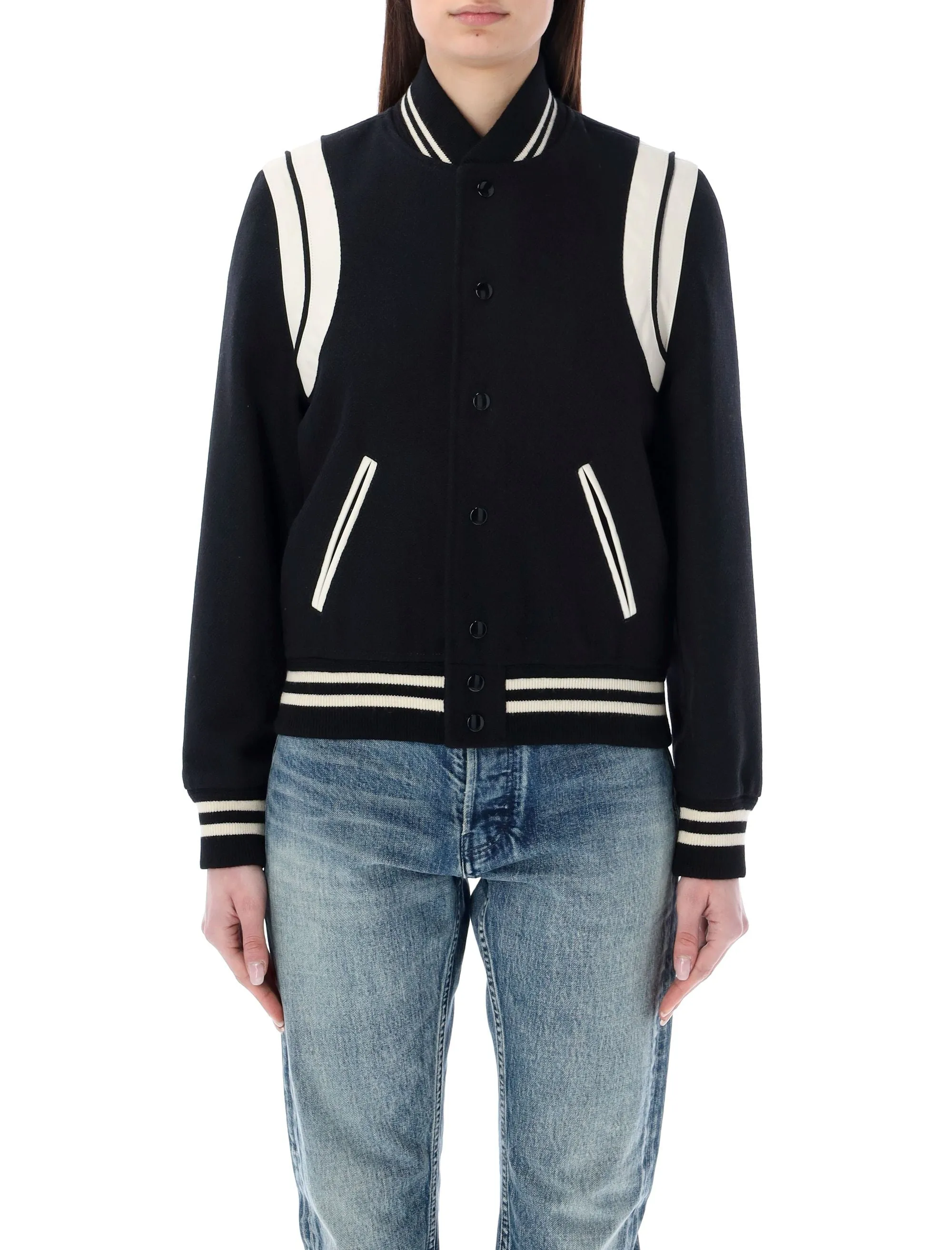 SAINT LAURENT Chic Black and White Wool Blend Teddy Jacket