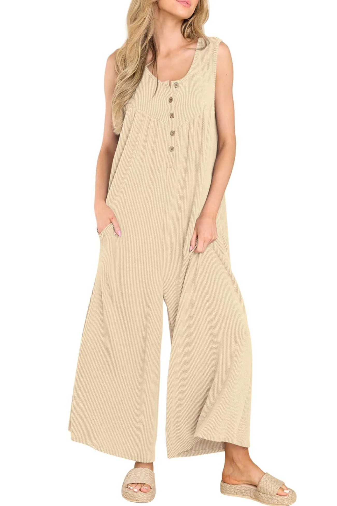 Single-breasted Pocketed Sleeveless Jumpsuits