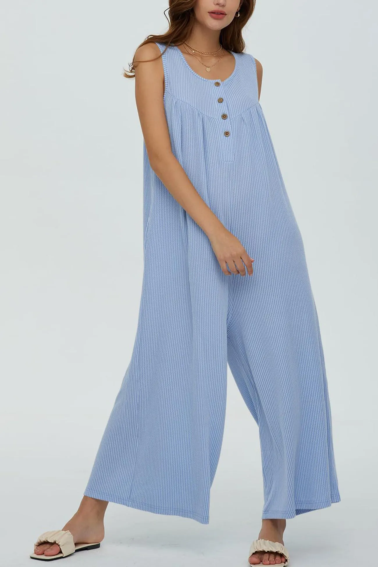 Single-breasted Pocketed Sleeveless Jumpsuits